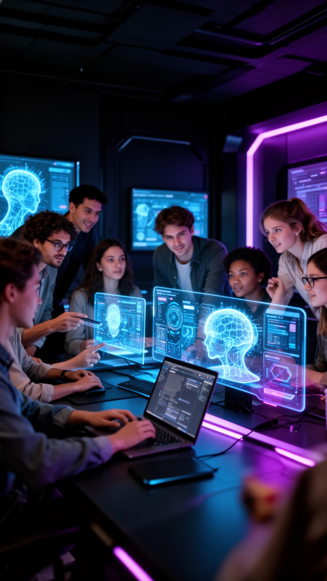 Students, developers, creators and entrepreneurs collaborating with AI